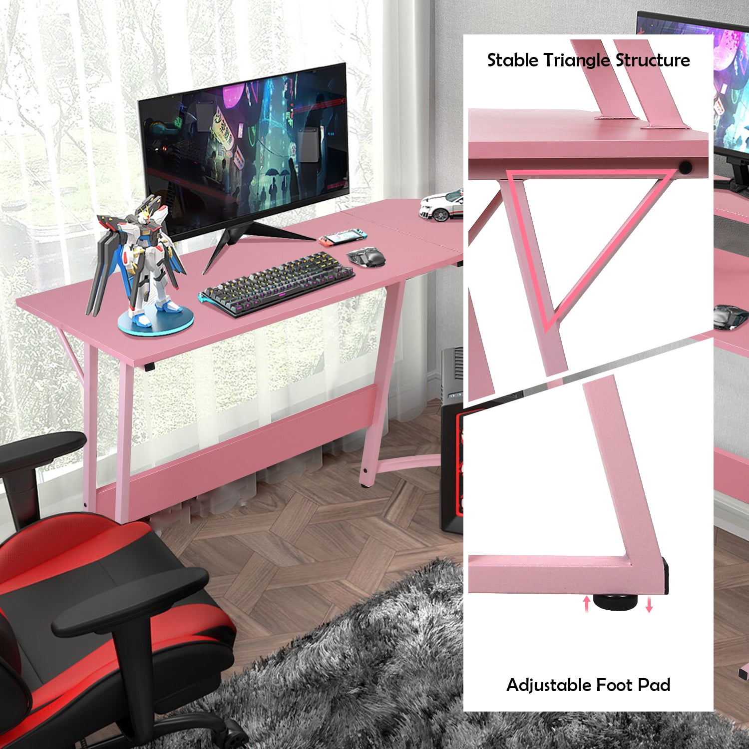 CL.HPAHKL L Shaped Gaming Desk, Gaming Corner Desk with Monitor Riser Stand 50 Inch PC Desk Computer Table Desk with Large Desktop Studying and Working and Gaming for Home and Work Place, Pink