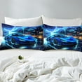 thumbnail image 4 of Drap de Lit Voiture de Course Bleue Format Double, Ensemble de Draps de Compétition Mode Voiture de Sport Extrême, Ensemble de Literie Psychédélique 3D Ciel Éclair Bâtiment Moderne Route avec Drap Plat, Drap-Housse, 2 Taies d'Oreiller, 4 of 6