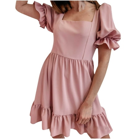 UHUYA Womens Dresses Casual Sexy Fashion Summer Square Neck Chiffon Polka  Dot Short Skirt Lantern Sleeve Dress Pink M
