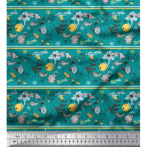 Soimoi Green Moss Georgette Fabric Stripe,Floral & Bird Artistic Print Sewing Fabric BTY 42 Inch Wide