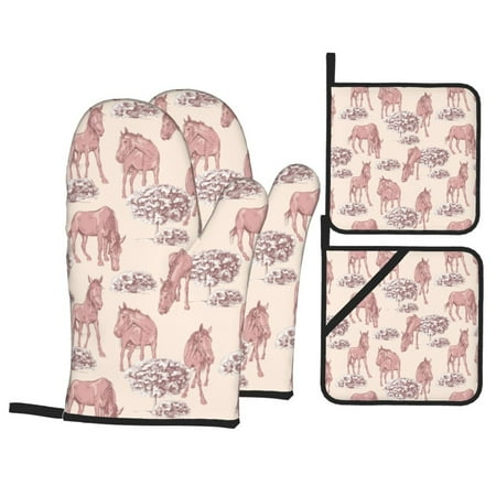

Oven Mitts and Pot Holders Sets 4 pcs - Vintage Cute Horse Tree Heat Resistant Silicone Oven Gloves with Non-Slip Silicone Surface and hot pads for kitchen Baking Cooking BBQ