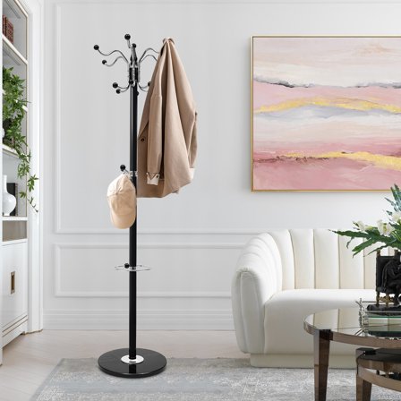66.9in Metal Coat Rack, Stainless Steel Clothes Hanger Tree Stand with 17 Hooks for Hat Bag Umbrella