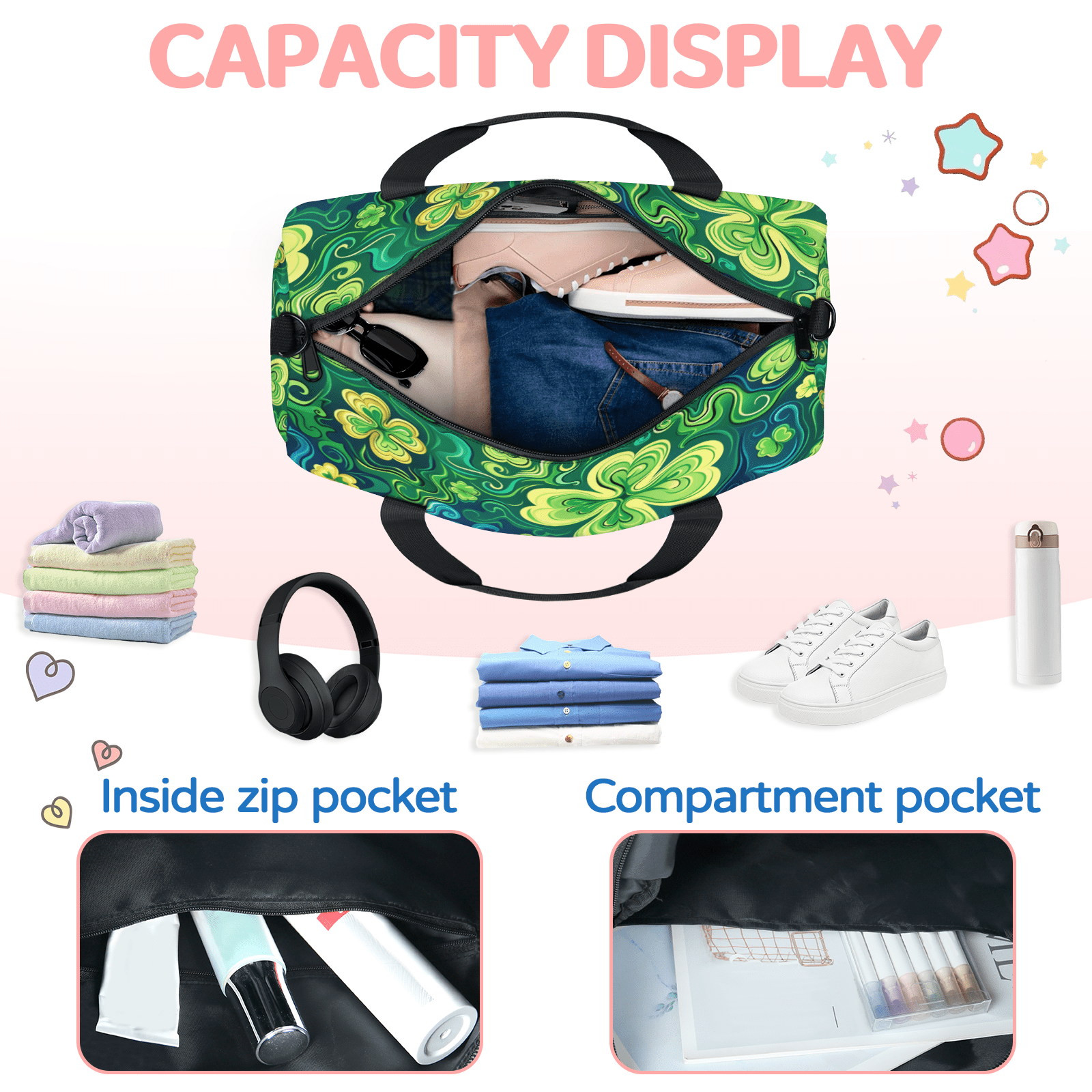 Herdesigns St Patricks Day Gym Bag for Women, Duffle Bag for Travel Sport, Lucky Clover Shamrock Lightweight Waterproof Carry on Weekender Dance Yoga Workout Bags