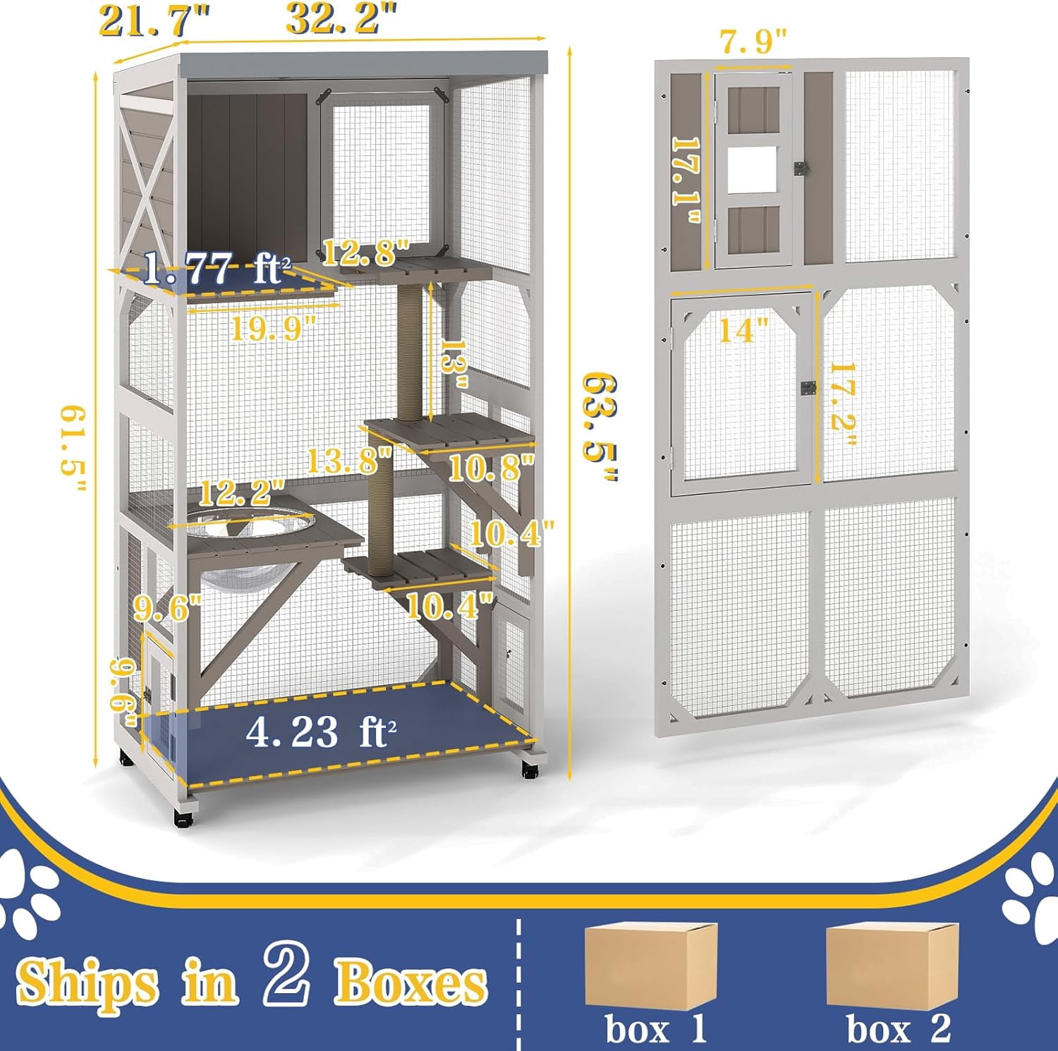 64" Large Wooden Catio Outdoor Cat Enclosure, Window Cat House with Wheels & 3 Platforms, Kitty Cage with Weatherproof Roof for Multiple Cats (Gray)