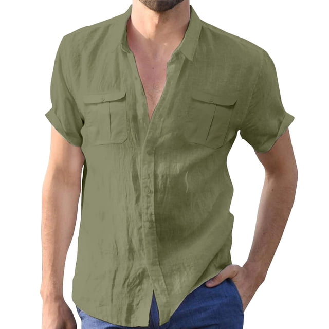 Men's Summer Solid Color Cotton Linen Short Sleeve Shirt Casual Fashion Loose Lapel Shirt M