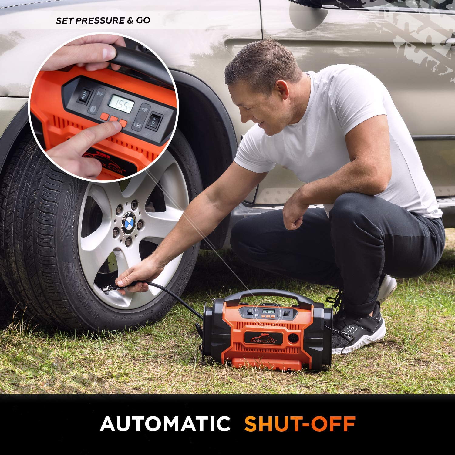RoofPax Air Compressor for Car Tires - Tire Inflator with 3 Power Sources, AC DC and Battery, Heavy Duty Portable Design, Auto Electric Air Pump with Pressure Gauge for Cars, Bike Tires, Inflatables