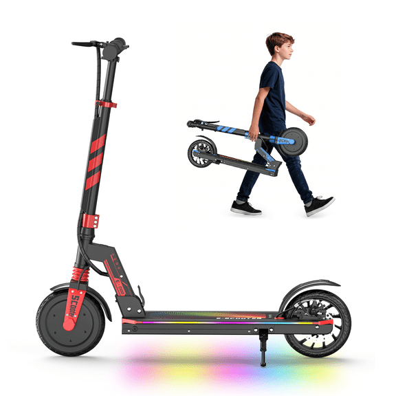 Electric Scooter for Teens, 200W Motor E-Scooter up to 10 Miles Range & 10MPH, 8" Solid Tires, Dual Brake, 3S Easy Folding Lightweight Mobility Scooter with Rainbow LED Lights for Boys Girls