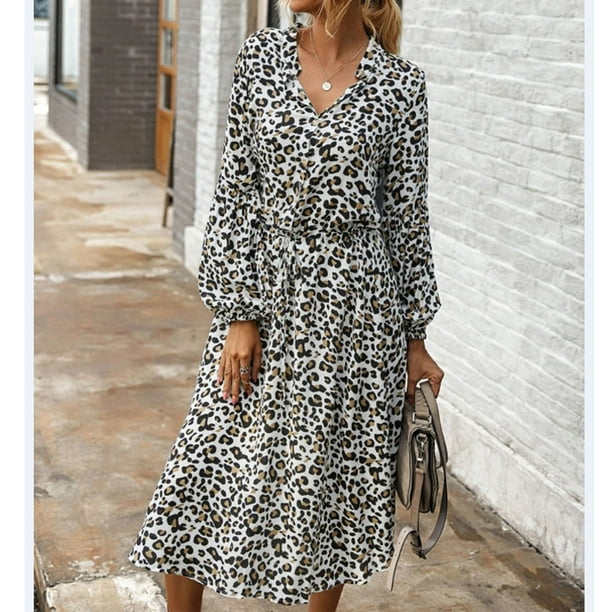 Vestido de Manga Larga para Mujer Cuello Alto Manga Farol Longitud Media Vestido con Estampado de Leopardo Y Cintura Ajustable ANGGREK Otros
