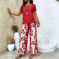 thumbnail image 4 of Guluxicc 2 Piece Women's Outfit Sets Crew Neck Short Sleeve Double Layer Hem Top Leaf Print Wide Leg Pants, 4 of 7
