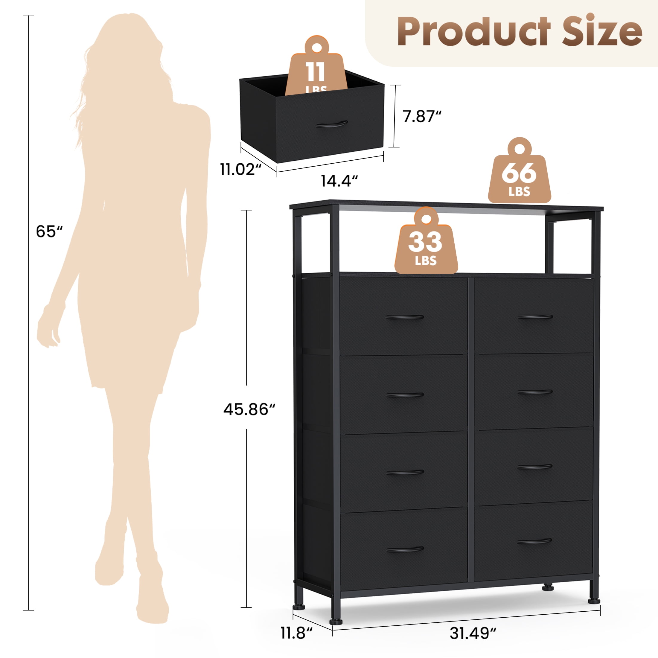 edx 8 Drawers Fabric Dresser, Clothes Storing, Storage Tower Organizer TV Stand, for Bedrooms, Wardrobes, Entryways, and Living Rooms, Black