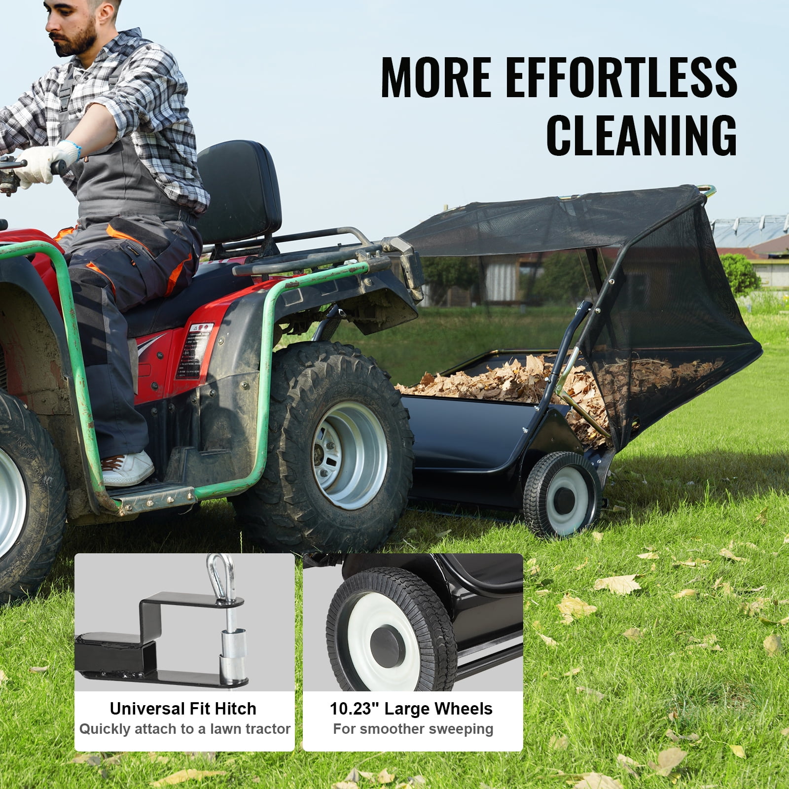 KFFKFF Tow-Behind Lawn Sweeper, 50-inch Pull-Behind Grass and Leaf Collector, 26 cu. ft High-Capacity Yard Sweeper with Adjustable Height for Lawn, Garden, and Farm Maintenance