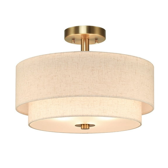 16inch Semi Flush Mount Ceiling Light Double Drum Light Fixture with Linen Shade