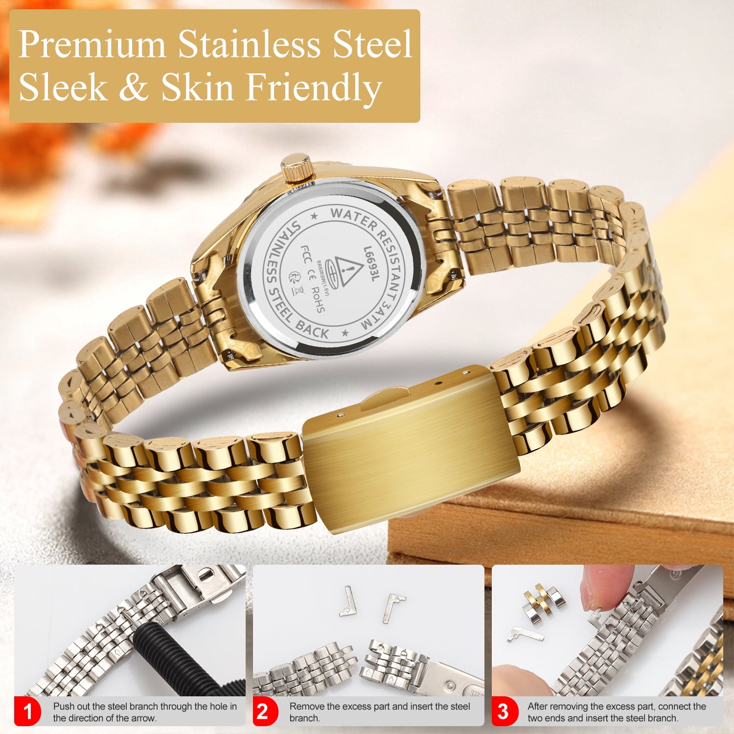 Womens Watch Set, 18K Gold Plated Bangle Bracelets Ring for Women, Dainty Ladies Wrist Watch Waterproof Analog Watch, Gifts for Women - 4PCS