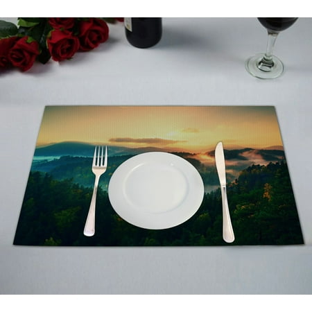 

GCKG Landscape Scenery Placemat Misty Pine Forest and Mountain in Autumn Nature Placemat 12x18 Inch Set of 2