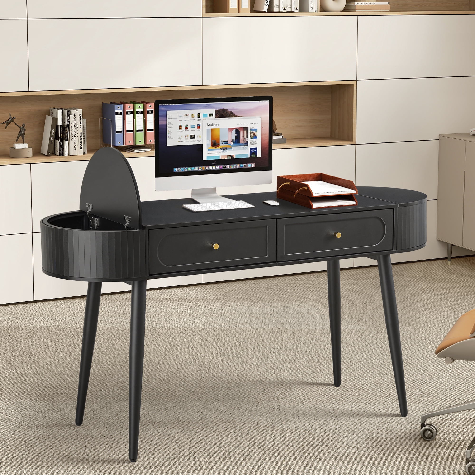 YOCWO Modern Home Office Desk with 2 Drawers and 2 Flip-top Storage, Oval Computer PC Desk Table, Vanity Desk with Fluted Curved Table Edge, Black