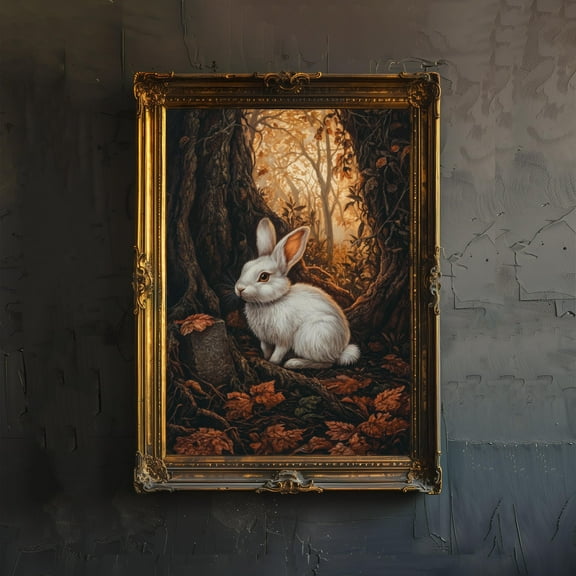 White Rabbit Print Cottagecore Dark Academia Art Print Whimsical Woodland Wall Art Vintage Nature Poster for Living Room Bedroom