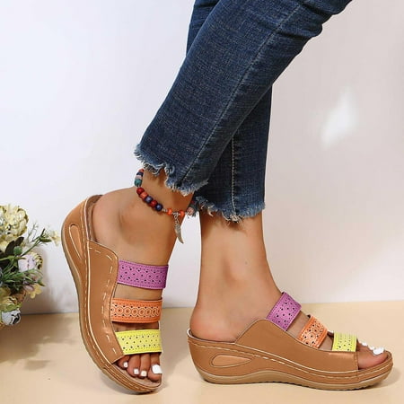 

Wirdiell Women s Ladies Platform Colorblock Casual Roman Slippers Wedge Corrective Sandals