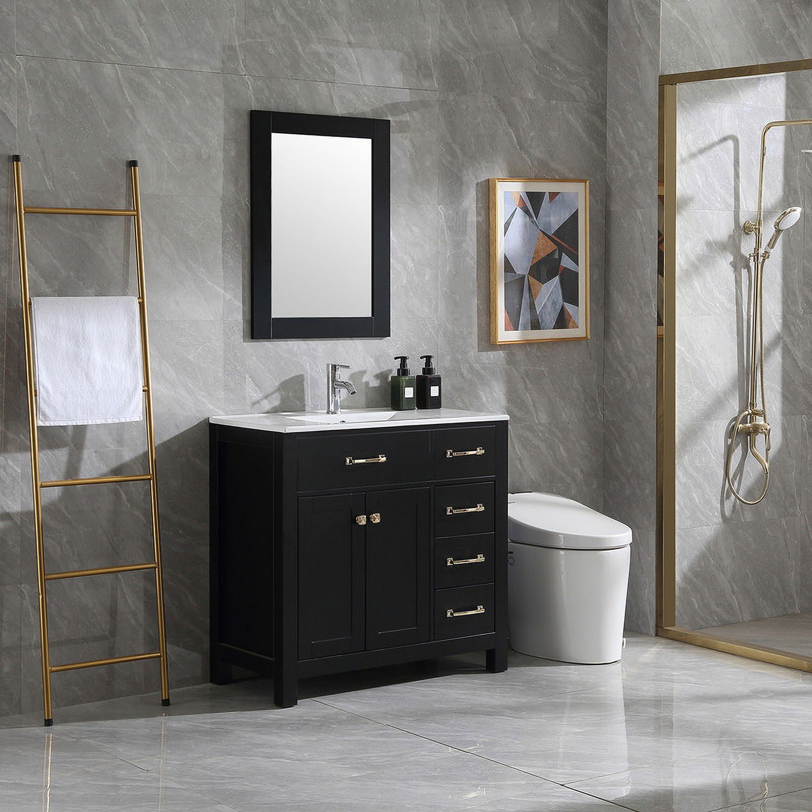 Wonline 36" Luxurious Bathroom Vanity with Sink Combo Set,Free Standing Bathroom Vanity Cabinet w/Thickened Wood, Faucet, Painted Surface, Mirror, Black