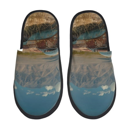 Balery Deserted Classic Car Landscape Slient Indoor Furry Fleece Comfort House Shoes Soft Non-Slip Home Shoes Cotton slippers House Slippers-- Medium