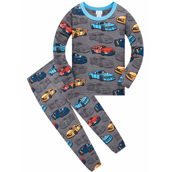 QEFJNO 2-8Y Kids Boys 100% Cotton Pajamas Set Toddler 2-Piece Long Sleeve Sleepwear Little Boys Race Car Pjs