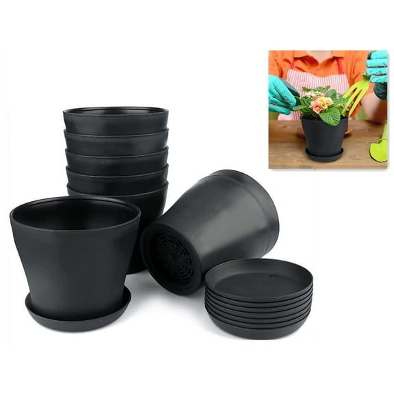 8 Pack Plastic Plant Pots Indoor, 4.8 Inch Modern Planters for Plants, Flower Pots,Mini Flower Seedlings Nursery Pot with Drainage Holes and Trays, Black