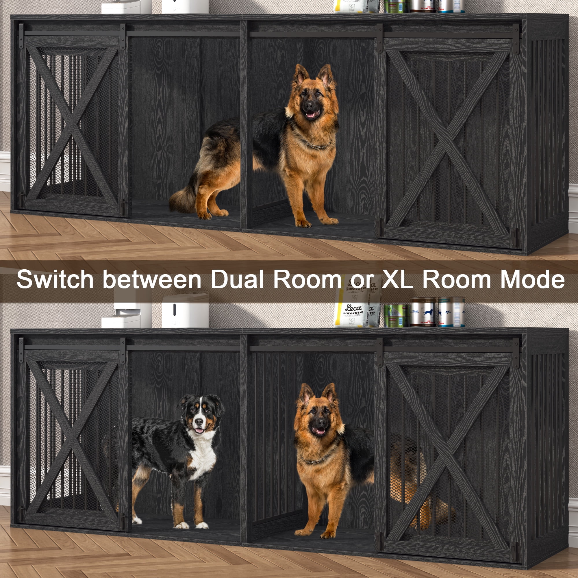 Nordee 94.5" XXXL Dog Crate Furniture for 2 Large Dogs, Heavy Duty Double Dog Cage Extra Large Breed, 35.4" Tall Thick Wooden Dog Kennel TV Stand with Divider, Black