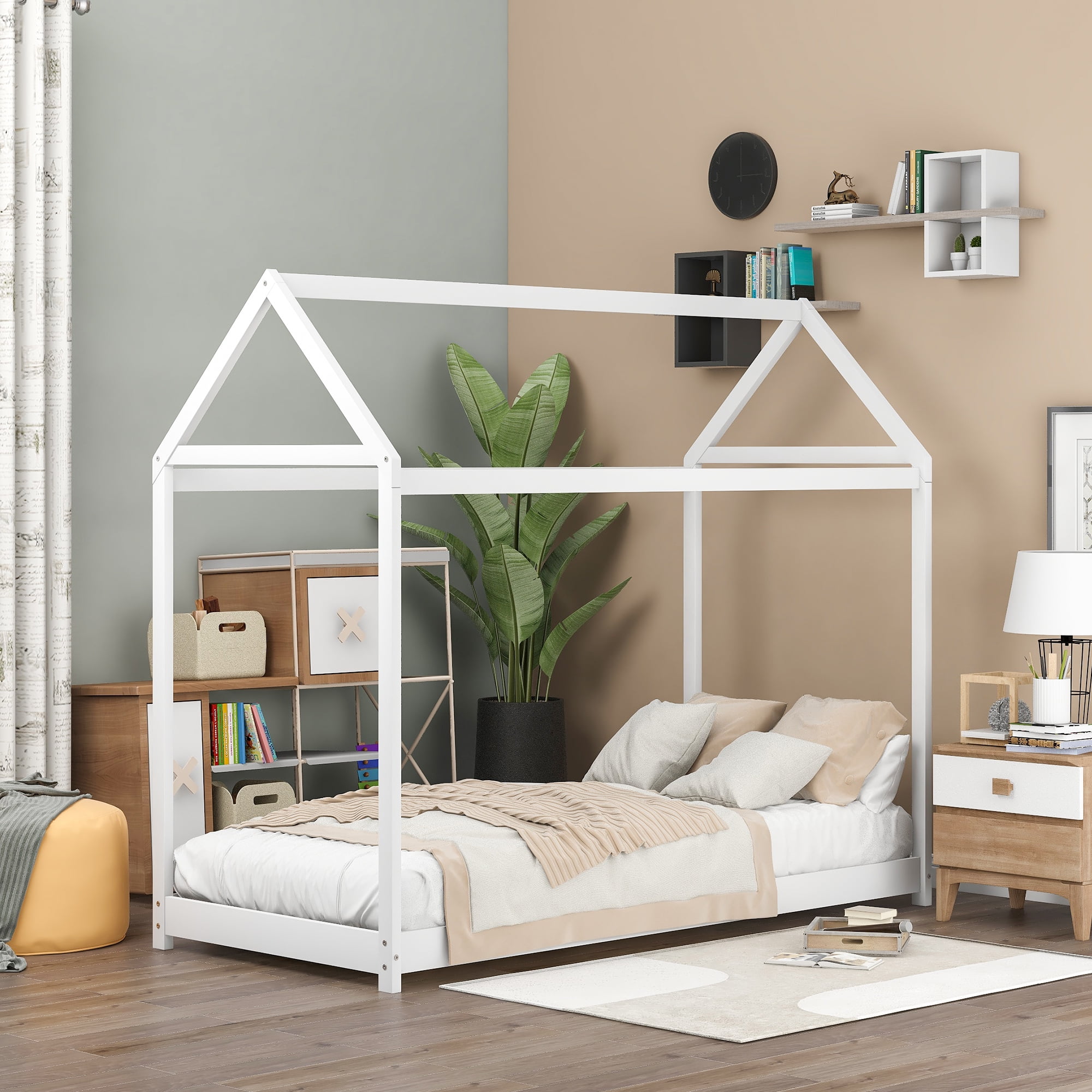 Gewnee Wood Twin Size Kids House Bed Frame,Montessori Floor Bed for Toddler,White