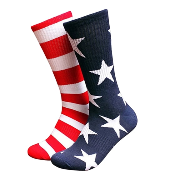 Independence Day 250th Anniversary Men's American Flag Crew Socks, Patriotic Stars and Stripes Color Block Striped Mid-Calf Athletic Dress Socks #0622 Dark Blue
