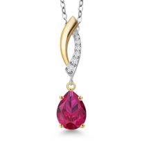Gem Stone King 925 Silver and 10K Yellow Gold Red Created Ruby and White Lab Grown Diamond Pendant Necklace for Women | 1.28 Cttw | Gemstone July Birthstone | Pear Shape 8X6MM | With 18 inch Chain