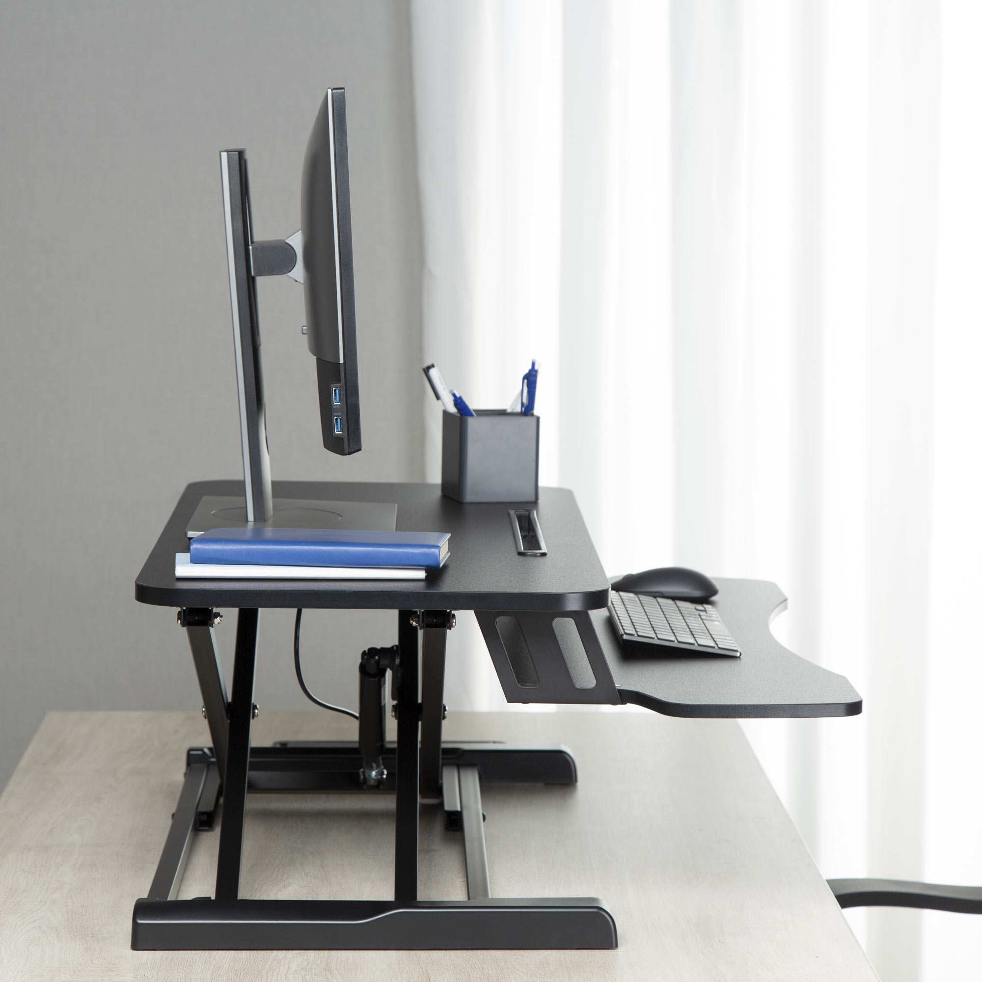 Flexpro Hero 32 Inch Standing Desk | 2 Level Standing Desk Converter with Keyboard Shelf and Monitor Riser | Large Dual Level Sit to Stand Workspace | Easily Sit or Stand in Seconds! (Black / 32")