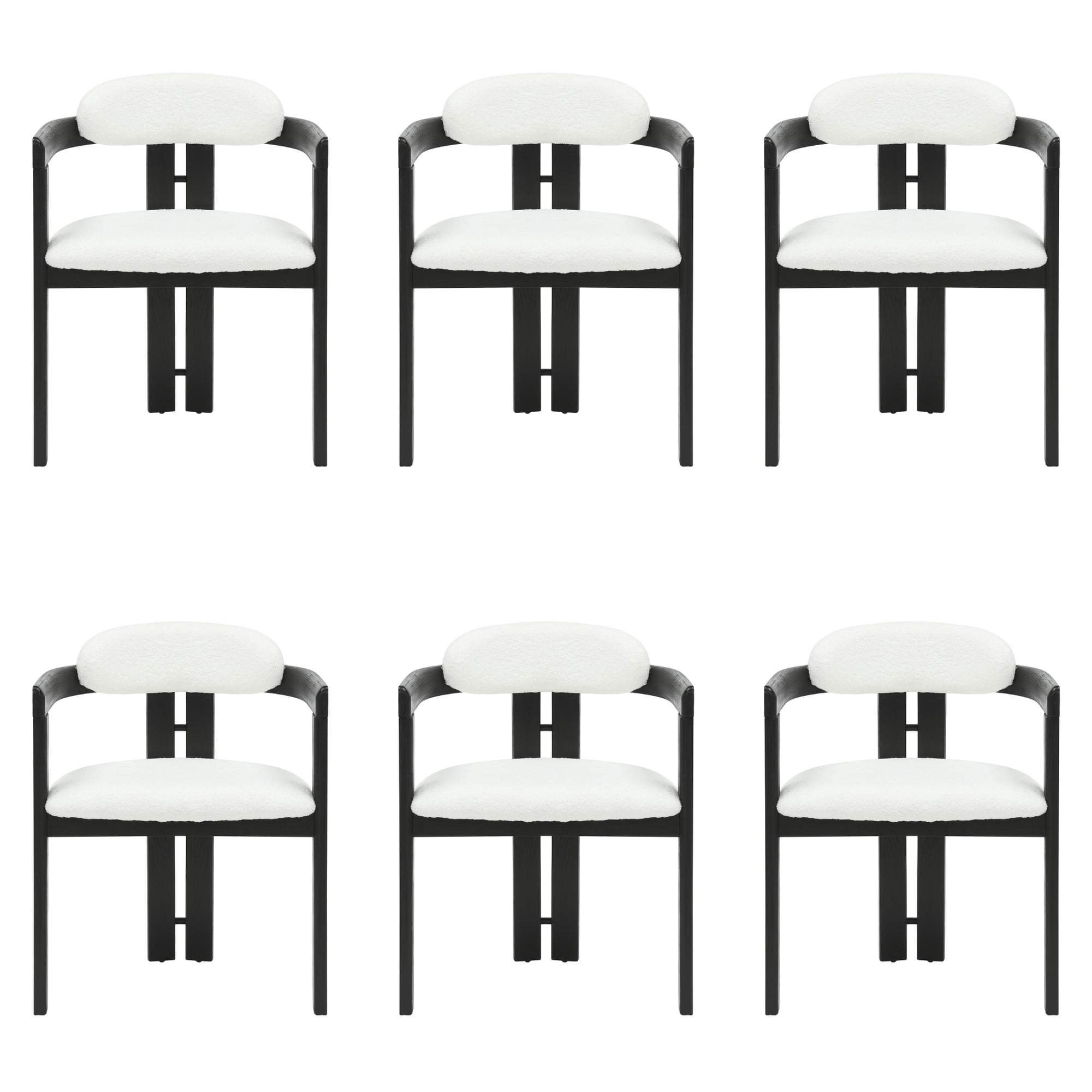Jazmin White Curved Back Wood Dining Chair with Boucle Fabric Seat Set of 6