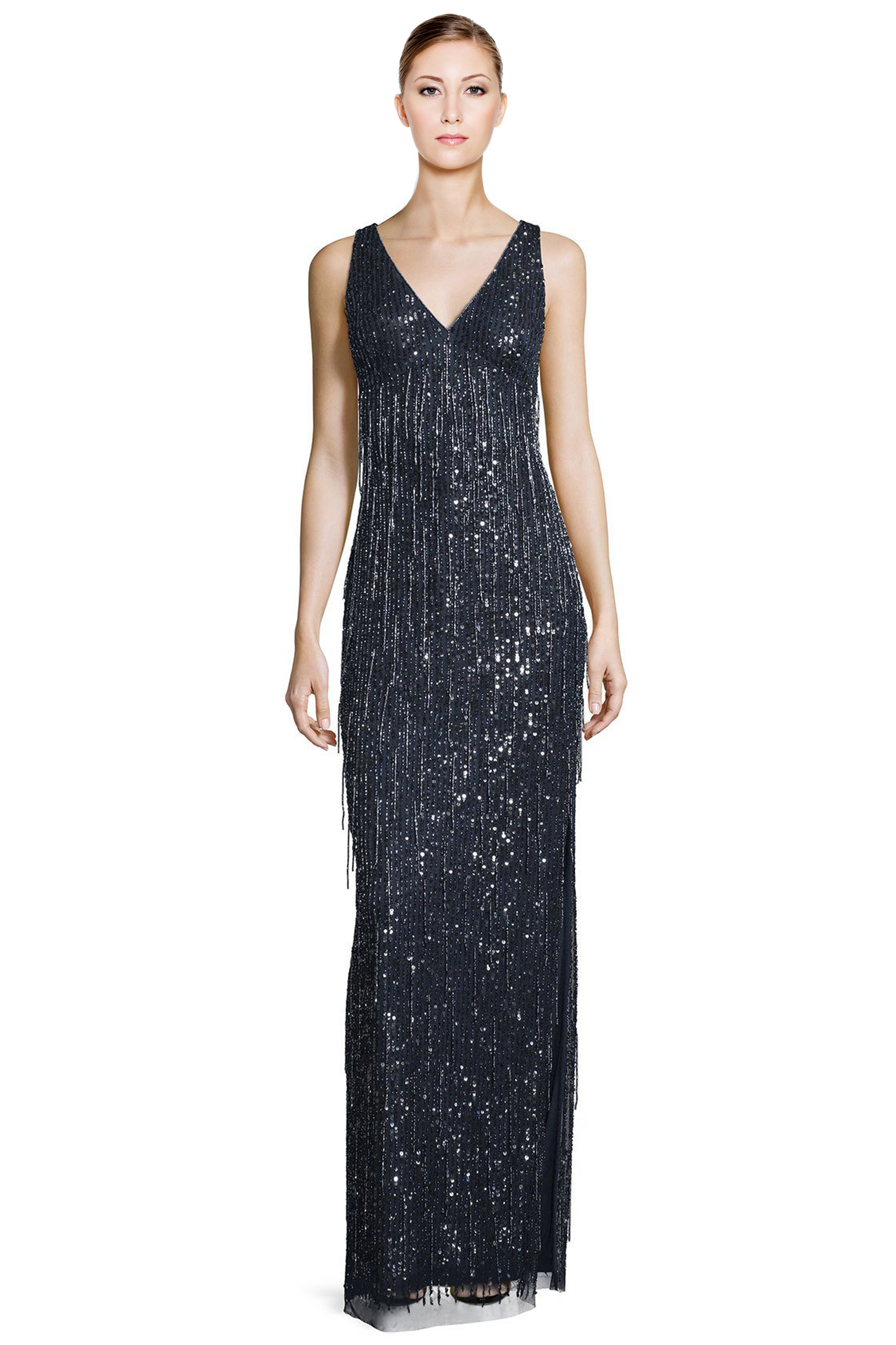 Aidan Mattox V-Neck Beaded Fringe 