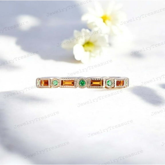JEWELRYTREASURE 6x4 mm Citrine Emerald Band 925 Sterling Silver Wedding Band Matching Stacking Band Ful Eternity Handmade Jewelry Baguette Cut Gemstone Promise Ring Gifts