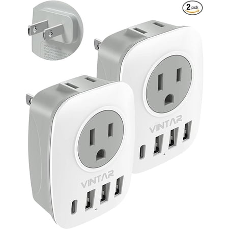 US to Japan Plug Adapter, VINTAR Japan Power Adapter with 2 AC Outlets, 3 USB and 1USB-C Ports, 2 Prong to 3 Prong Outlet Adapter for USA to Japan China Canada Philippine, Type A, 2-Pack