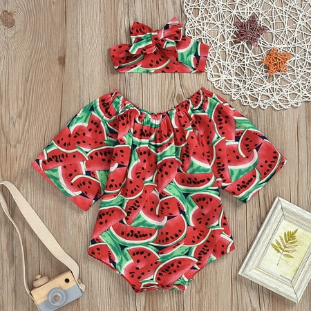 

Yubatuo Newborn Infant Baby Boys Girls Watermelon Print Romper+Hairband Clothes Set Red 100