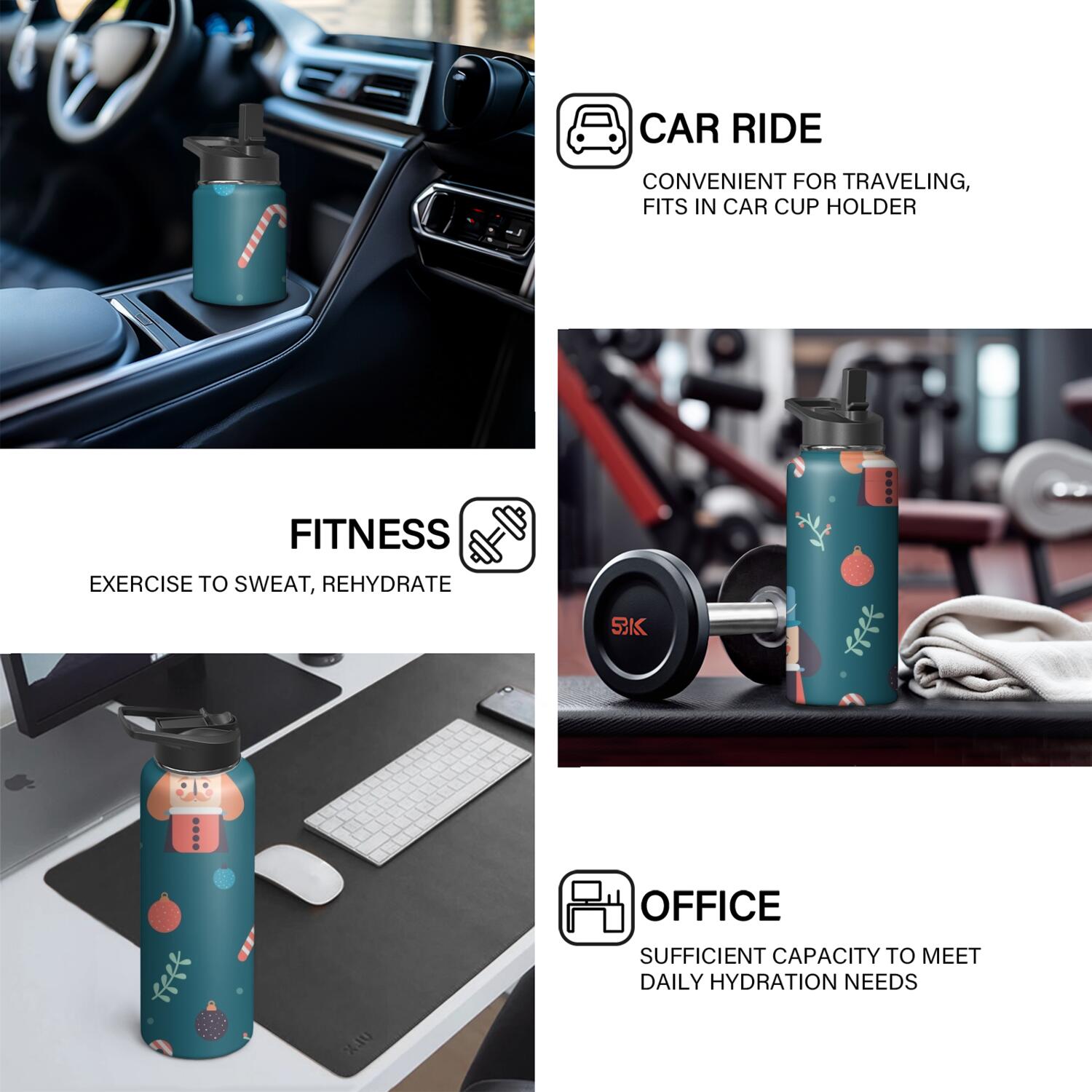 Christmas 18 oz Insulated Stainless Steel Water Bottle with Straw & Cleaning Brush , Leakproof, BPA-Free, 304 Stainless Steel, Wide Mouth, Travel Mug for Car, Gym, Office