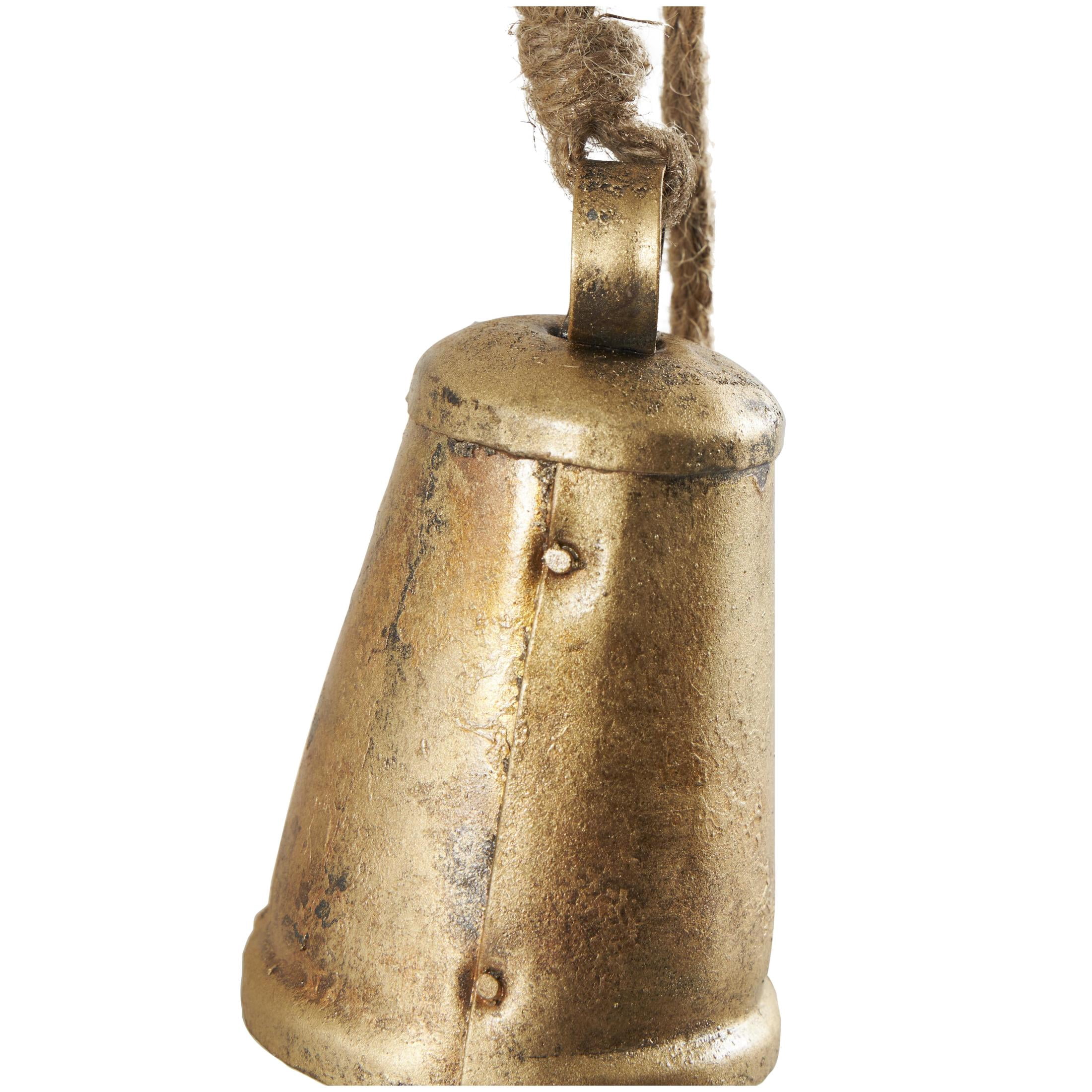 DecMode Tibetan Inspired Cascading Gold Metal Conical Decorative Cow Bells with 4 Bells on Jute Hanging Rope