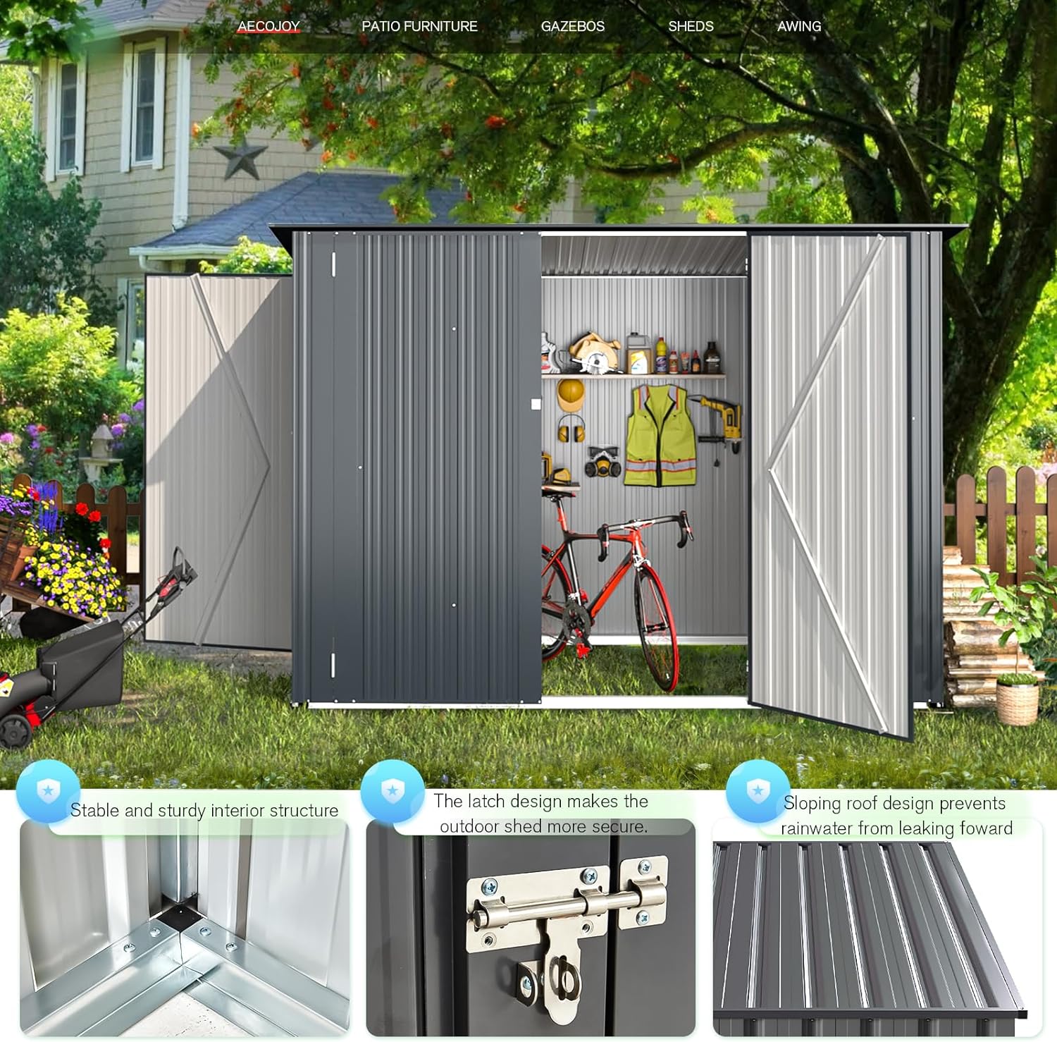 AECOJOY 4 x 7.5 ft Storage Shed with Triple Door, Metal Bike Shed Lean ...