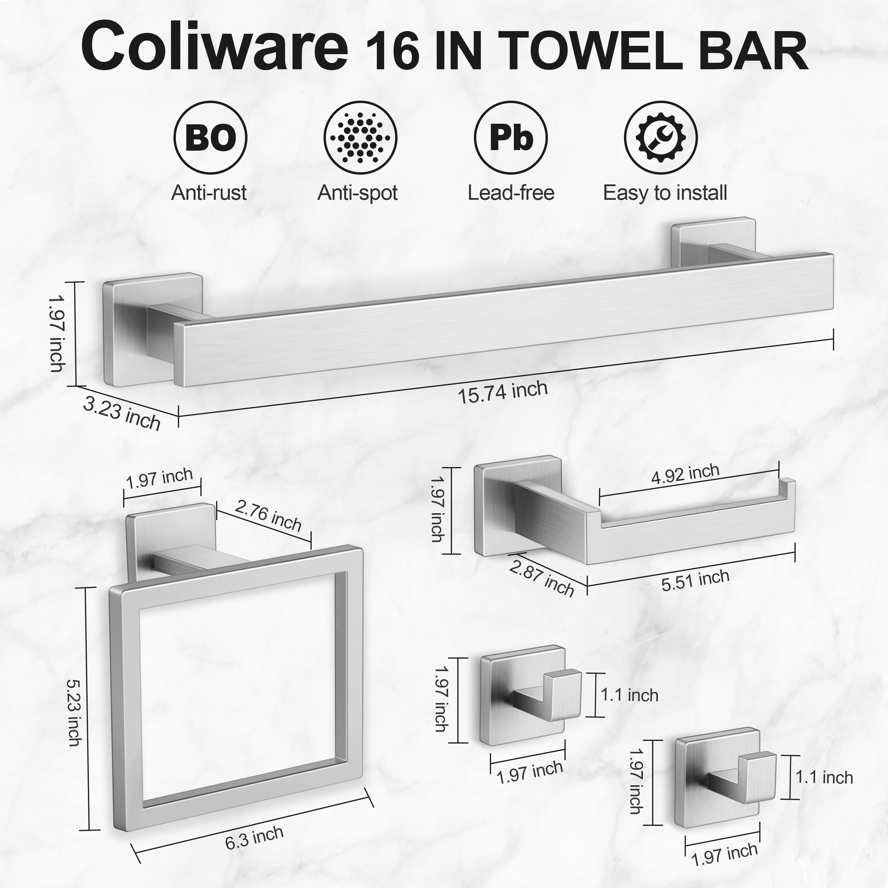 Coliware 5 Pieces Bathroom Hardware Set, Wall Mounted Stainless Steel Bathroom Accessories Kit Includes Towel Bar, Toilet Paper Holder, Towel Ring, Robe Hooks, Bathroom Towel Bar Holder Sets
