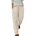 thumbnail image 3 of Womens Plus Size Linen Pants New Womens Straight Leg Pants Elastic Drawstring Casual Trousers with Pockets Summer Beach Loose Lounge Pant Beige L, 3 of 9