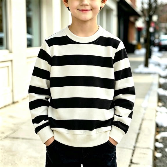 Resicozy Striped Crew Neck Sweatshirt for Kids Oversized Fleece Pullover Boys Girls Long Sleeve Warm Shirts Casual Lightweight Clothes 3-13 Years Black 110