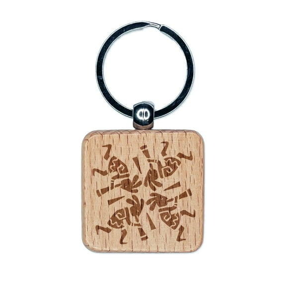 Kokopelli Circle Dancing Pattern Southwestern Fertility God Square Keychain Charm Tag - Engraved Wood