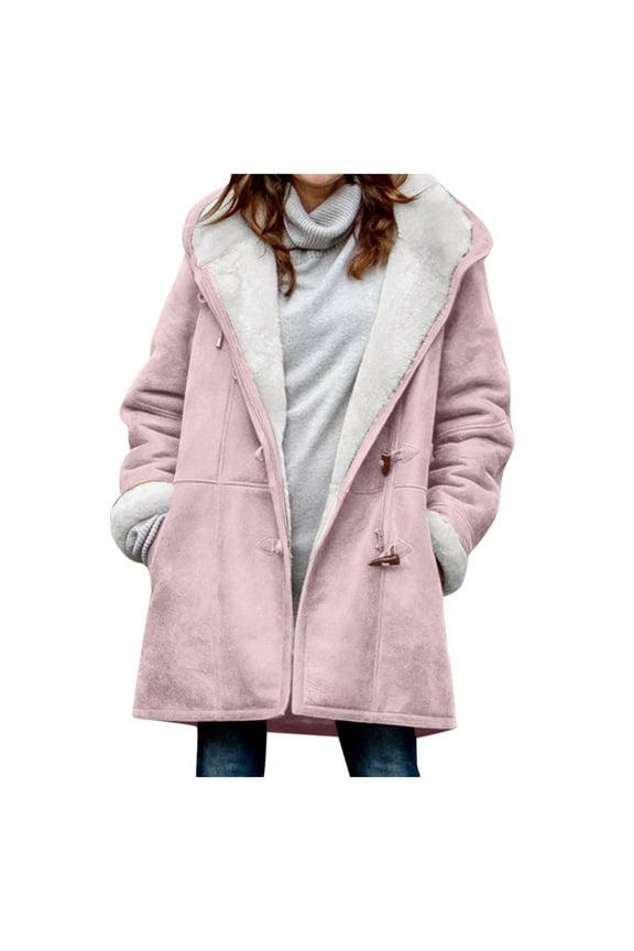 Winter Coats for WomenPlus Size Fleece Lined Hooded Toggle Button Pocket Duffle Jacket Faux Suede Pea Coat Solid Color Warm Long Sleeve Casual Parka Outerwear