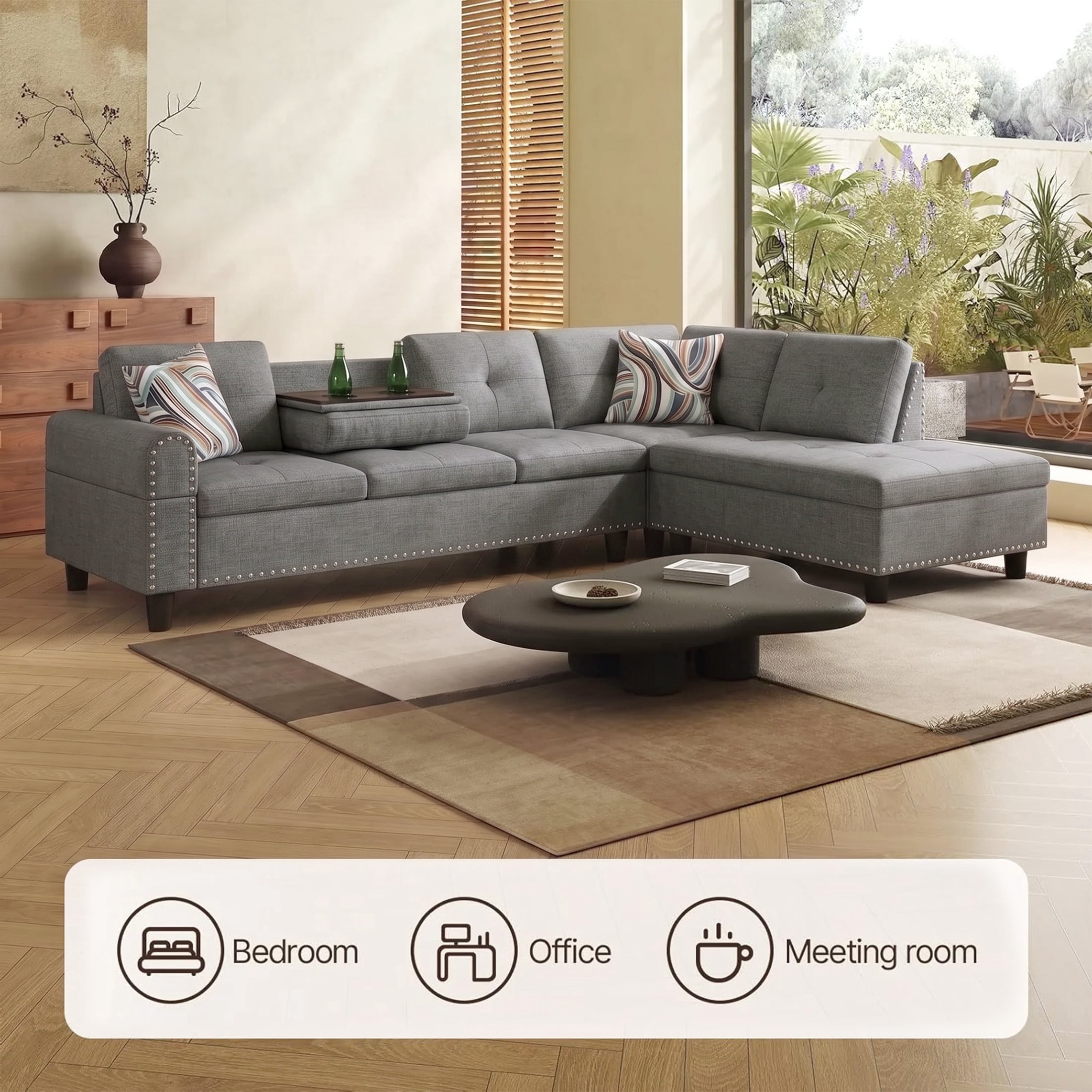 AENKYO 98" L-Shaped Sectional Sofa with Reversible Chaise and Cup Holders, Linen, Gray