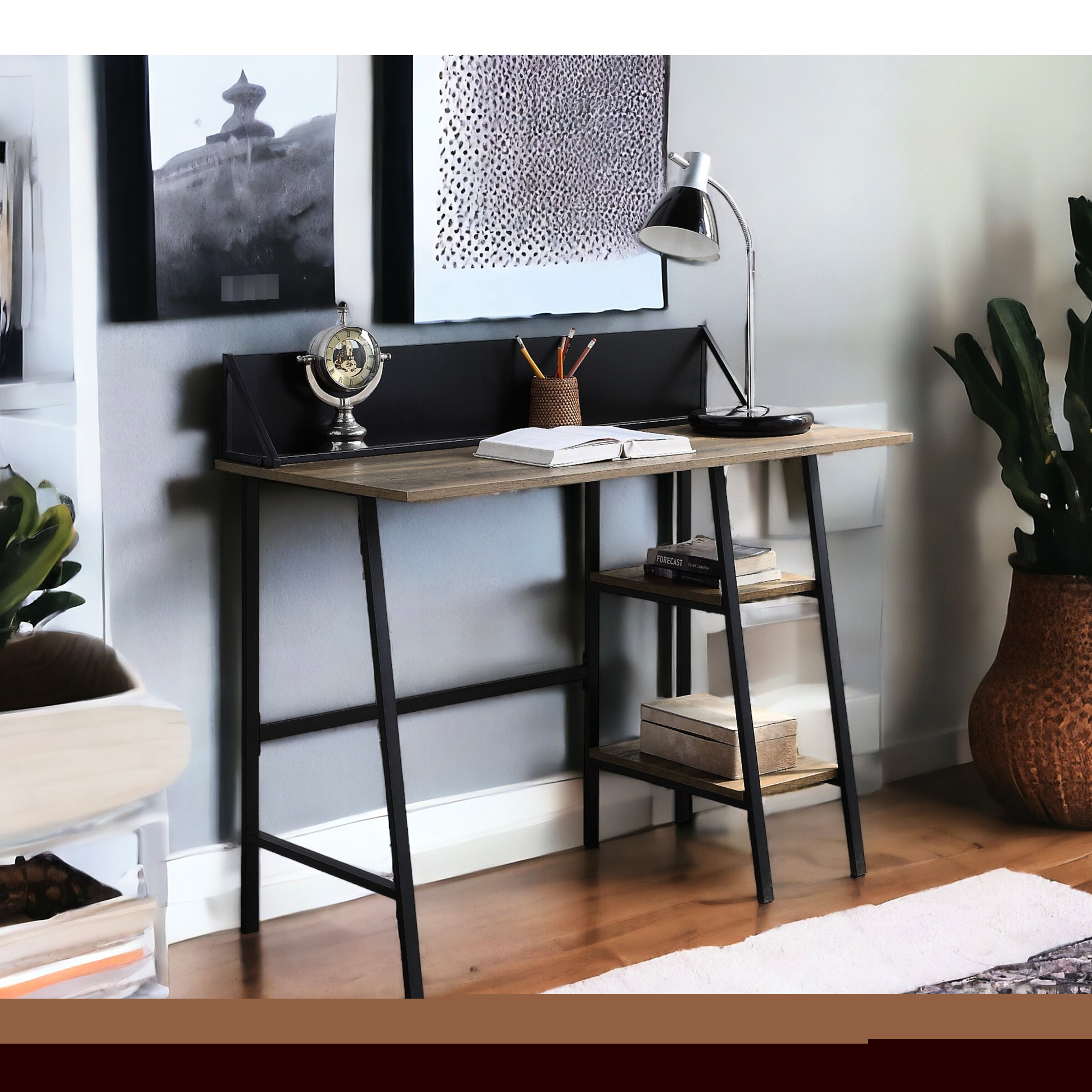 Rectangular Desk In Rustic Oak And Black With Functional Shelves Durability Spacious Work Technology Integration