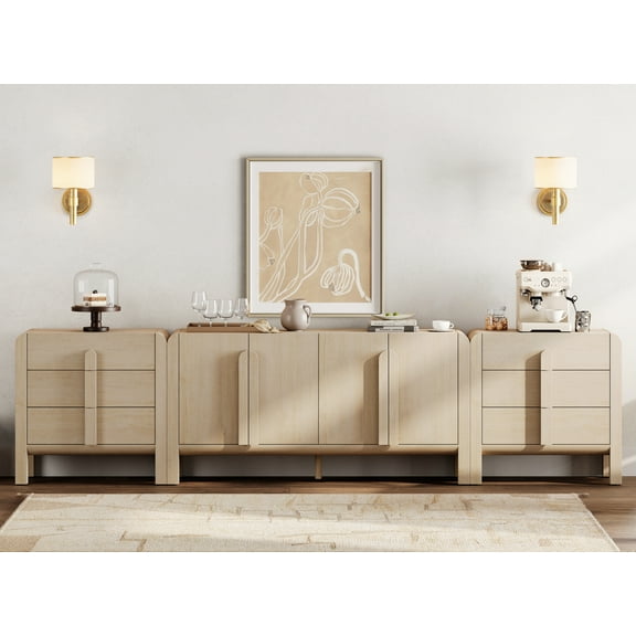 71" Tall Arched Kitchen Pantry Cabinet, Wood Bookcase Display Cabinet With Drawers And Open Arched Shelves, Mid-Century Modern Versatile Cupboard For Dining Room, Bedroom