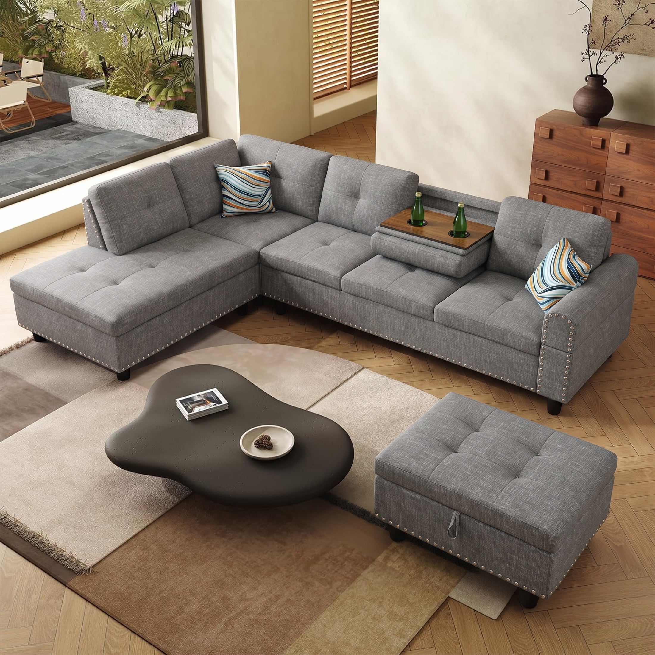 AENKYO 98" L-Shaped Sectional Sofa with Reversible Chaise, Storage Ottoman & Cup Holders, Linen, Gray