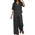 thumbnail image 2 of Feancey Vacation Outfits for Women 2 Piece Set Linen Short Sleeve Laplel V Neck Top and Elastic Waist Pant Lounge Sets Solid Color Loose Travel Outfit with Pockets Dark Gray XL, 2 of 10
