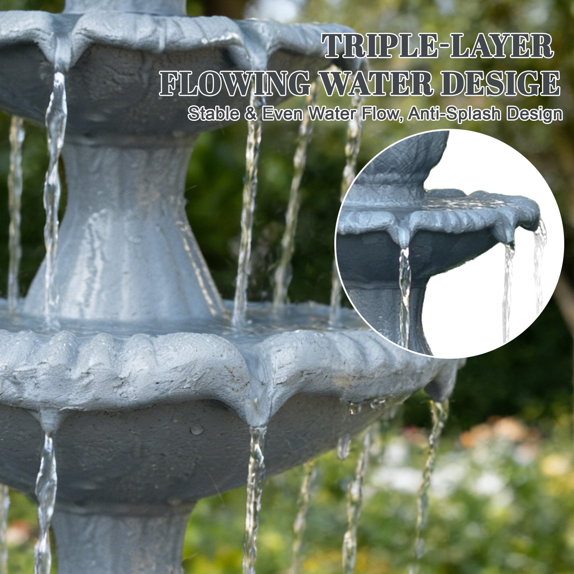 Kaluomm 48" 3-Tiers Outdoor Water Fountain, Italian Pineapple Large Cascading Waterfall Fountains, Weather-Resistant Resin Freestanding Fountain Features for Garden Patio Backyard, Gray