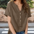thumbnail image 2 of Sevevn Women's Linen Cotton Short Sleeve Henley Shirt Casual V-Neck Button Front Summer Blouse Coffee M, 2 of 9